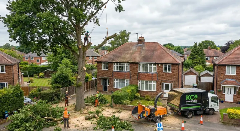 KC Landscapes team removing a residential tree in Cheshire