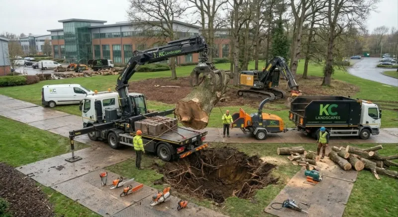 KC Landscapes team carrying out commercial tree removal in Cheshire