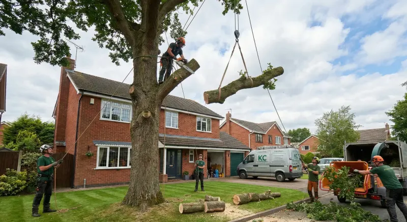 KC Landscapes tree surgeon dismantling a large residential tree