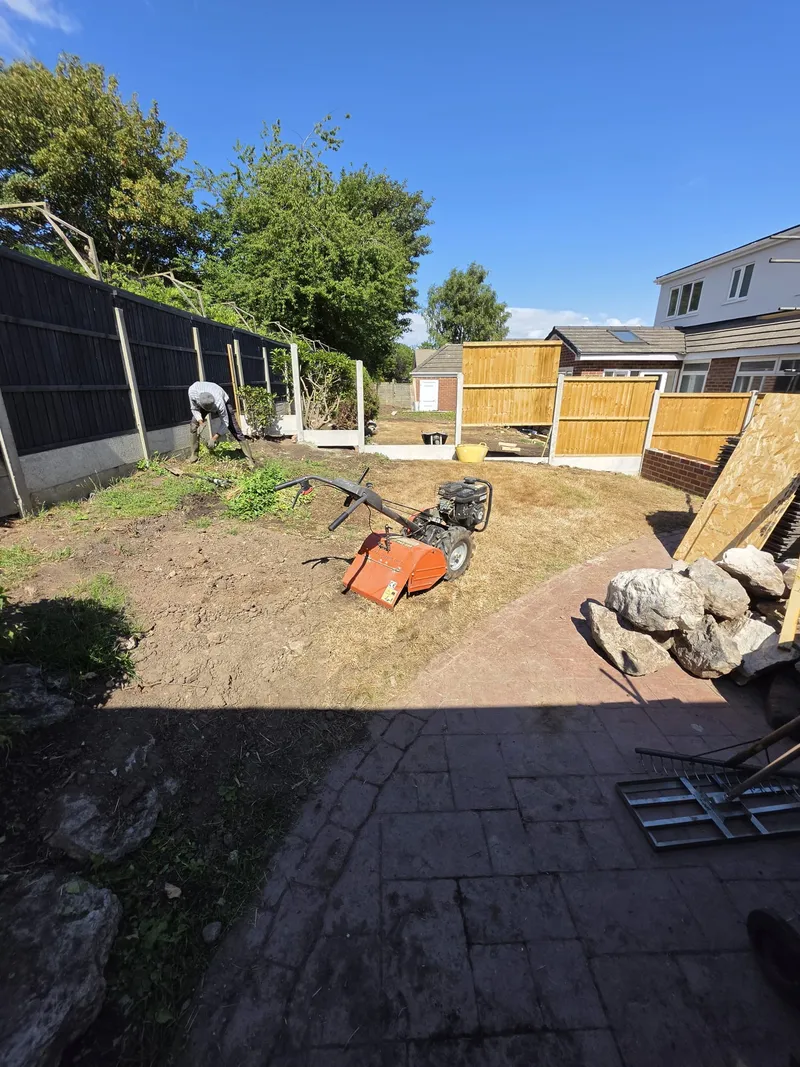Ground preparation and rotavating in a Runcorn garden before turfing